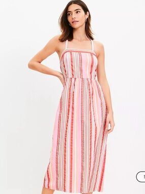 LOFT Pink and Coral Striped Midi Dress